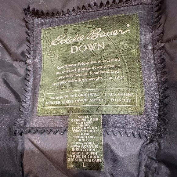 EDDIE BAUER Soft Black Lamb Leather Goose Down Lined Bomber Jacket Men's L - Picture 15 of 16